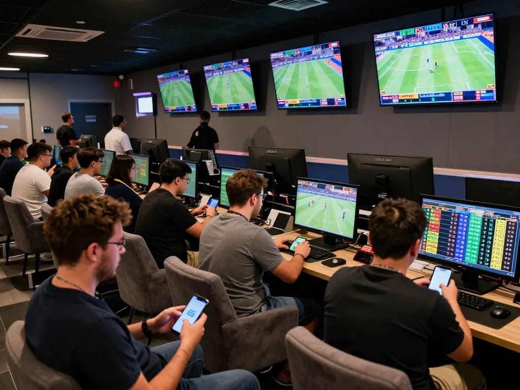 Placing strategic bets on live sports events at sc888's betting lounge, showcasing excitement