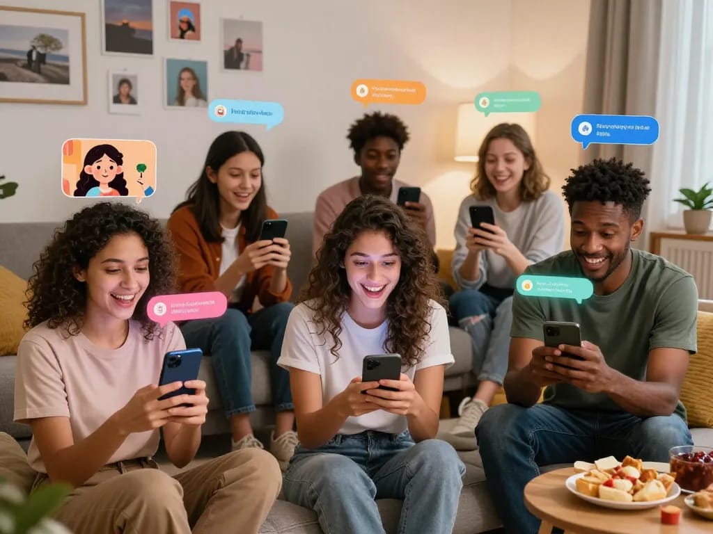 Engaging sexting AI chat experience with diverse users enjoying flirty interactions on smartphones.