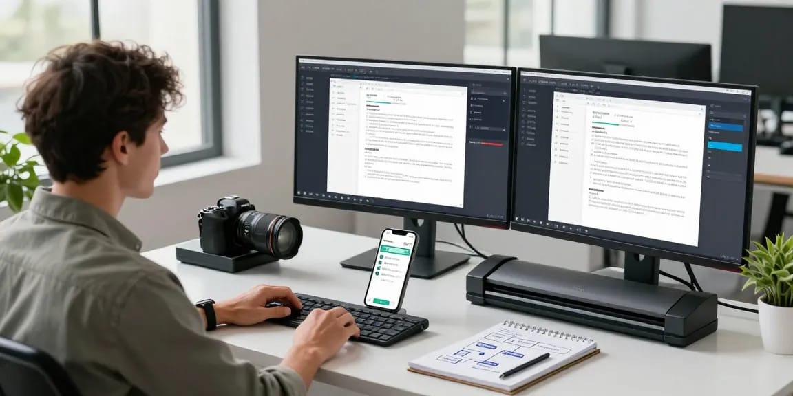 Detect PDF fraud with advanced AI technology in a modern workspace featuring high-tech scanning tools and digital verification screens.