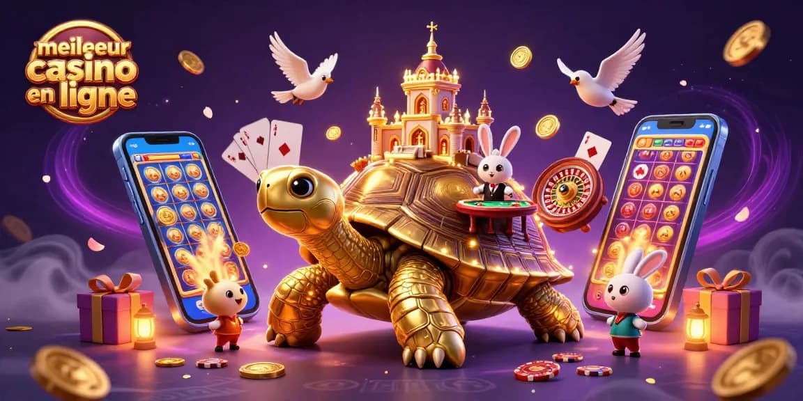 Jouer au meilleur casino en ligne avec une tortue dorée géante et un croupier lapin.