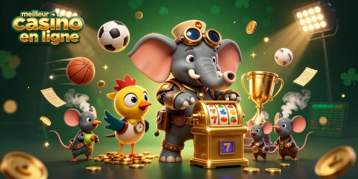 Découvrez le meilleur casino en ligne avec cette illustration 3D dynamique, mettant en avant un éléphant steampunk et des éléments de jeux d'argent.