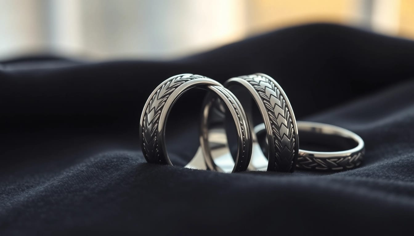 Showcasing stunning tungsten rings with intricate designs on dark velvet.