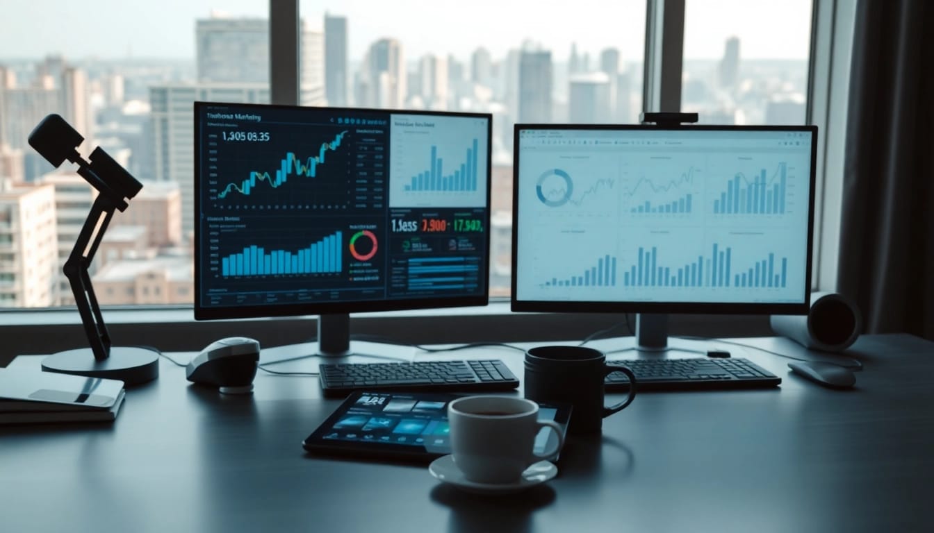 AI for competitor analysis visualizing digital metrics in a modern workspace environment.