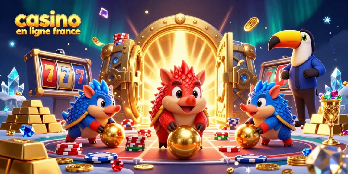 Deux pangolins en compétition roulant des balles d’or dans une scène de casino en ligne France.