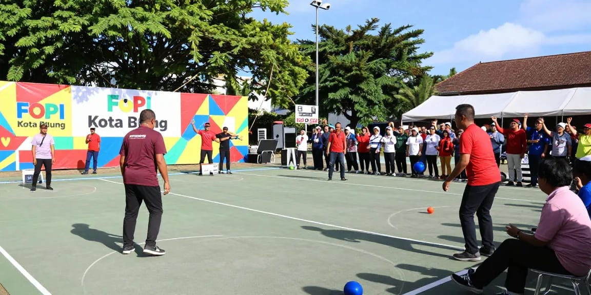 Pengunjung fopikotabitung.org sedang menikmati pertandingan petanque di lapangan luar ruangan, suasana meriah dan pertunjukan komunitas.