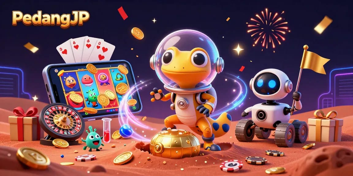 Permainan slot PedangJP menampilkan keceriaan karakter alien dan rover robot dalam suasana kasino.