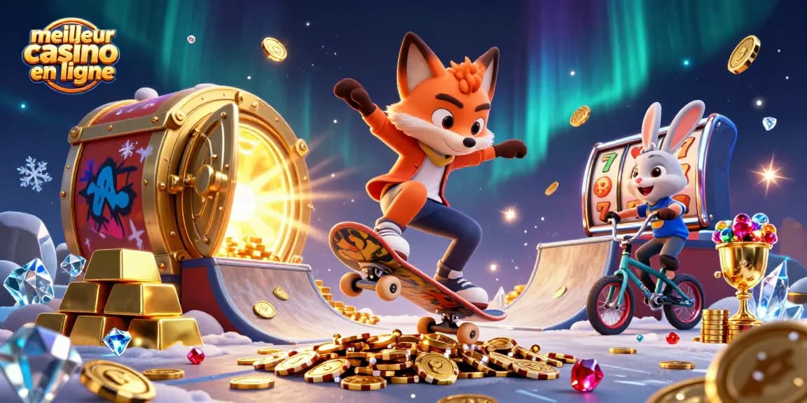 Découvrez le meilleur casino en ligne avec un renard faisant un kickflip sur des jetons dorés