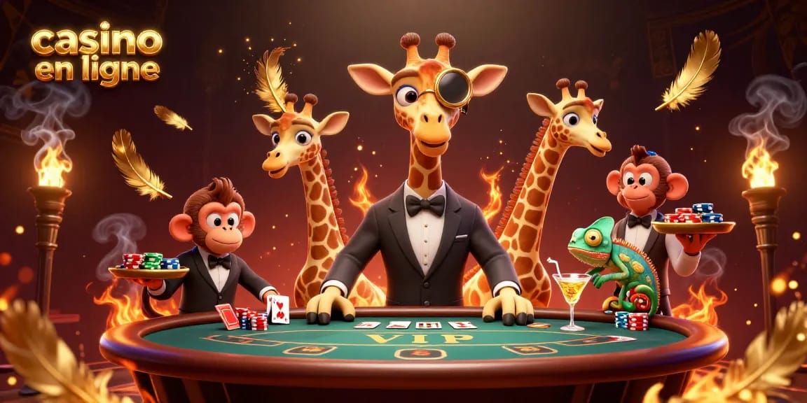 Visitez un casino en ligne et appréciez la scène animée avec une girafe haut de gamme au poker, un valet singe et un barman caméléon.