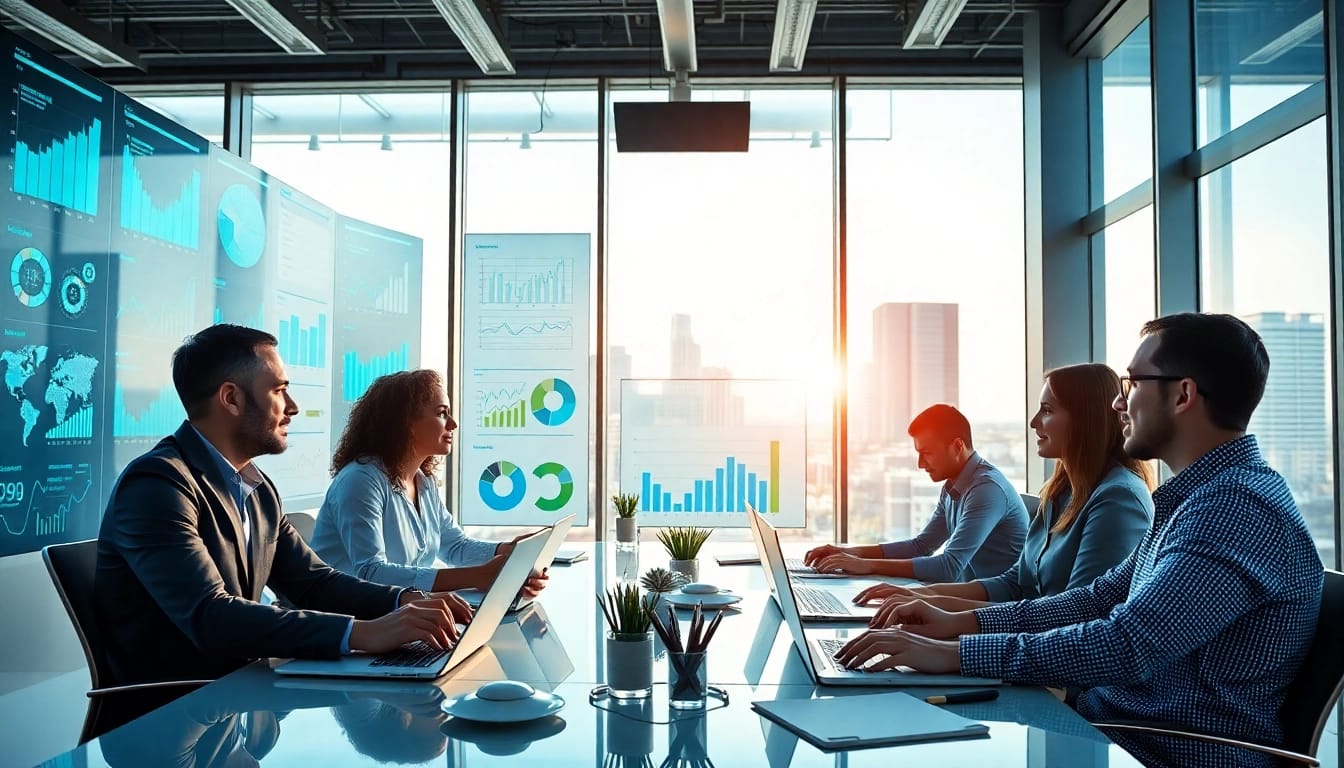 Engaged professionals analyzing b2b competitive intelligence data in a modern office.