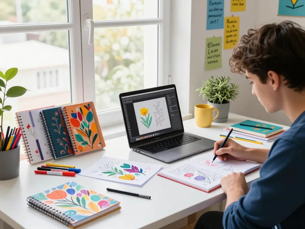 Artist designing custom notebooks with colorful sketches and designs in a bright workspace.