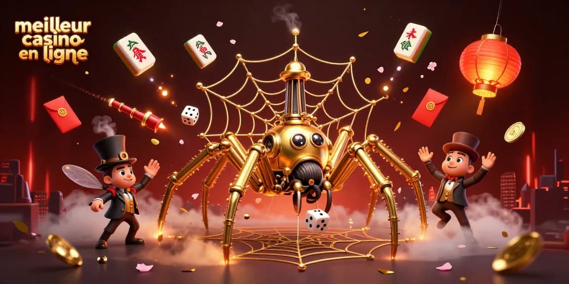 Venez découvrir le meilleur casino en ligne avec un visuel captivant et dynamique rempli d'éléments de jeu.