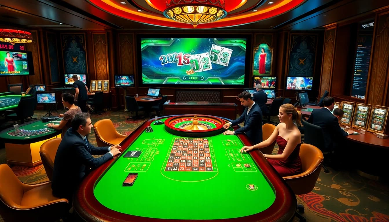Un groupe de joueurs excités profitant d'une expérience de jeu dans un casino fiable en ligne avec des tables et des écrans vibrants.