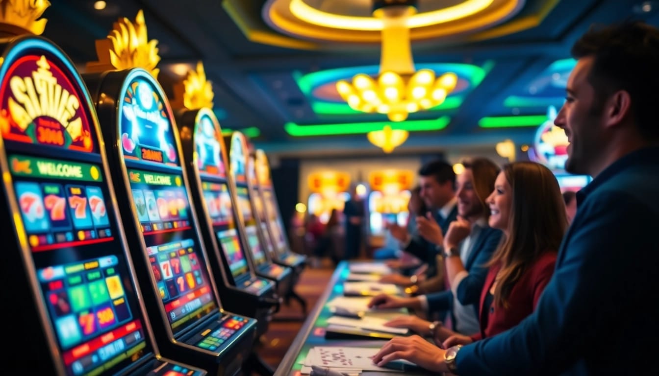 Neue casino bonus ohne einzahlung in einem lebendigen Casino mit Spielautomaten und fröhlichen Spielern.