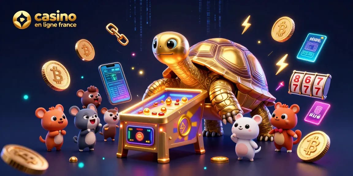 Jouer au casino en ligne France avec une illustration 3D d'une tortue colossal dorée comme machine à pinball, entourée de crypto-monnaies.