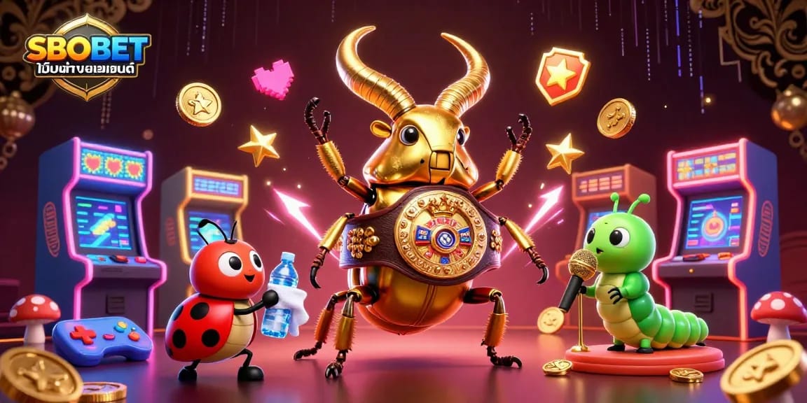 SBOBET เว็บตรง ไม่ผ่านเอเย่นต์ champions face off in a vibrant casino illustration with arcade elements and dynamic lighting