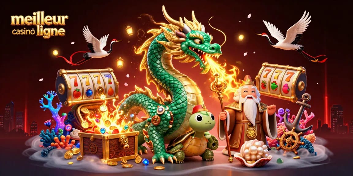 Explorez le meilleur casino en ligne avec un dragon émeraude et des éléments de machines à sous.