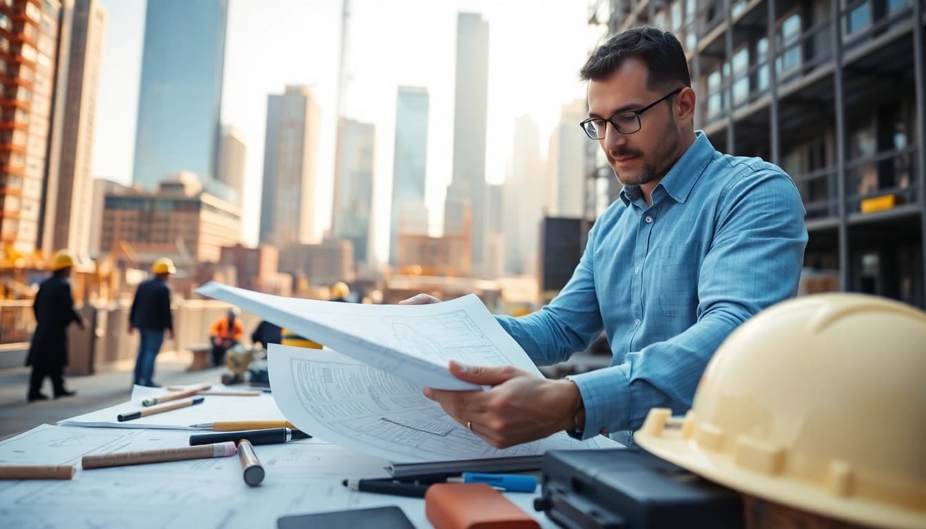 Manhattan Construction Manager analyzing blueprints at an urban construction site for quality assurance.