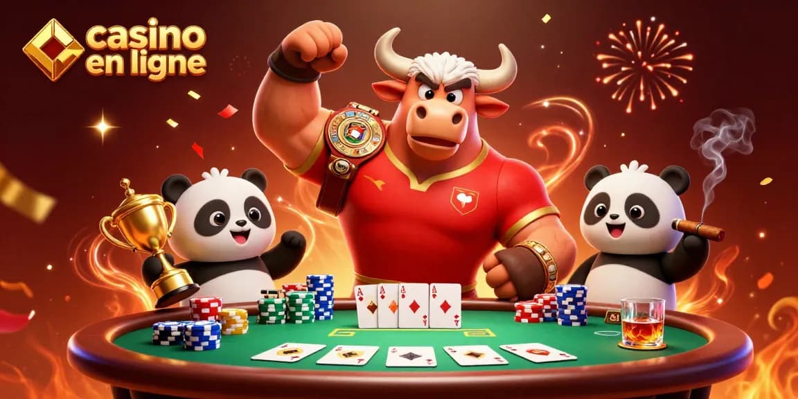 Jouer au casino en ligne : une victoire entourée de jetons et de cartes avec un taureau musclé.