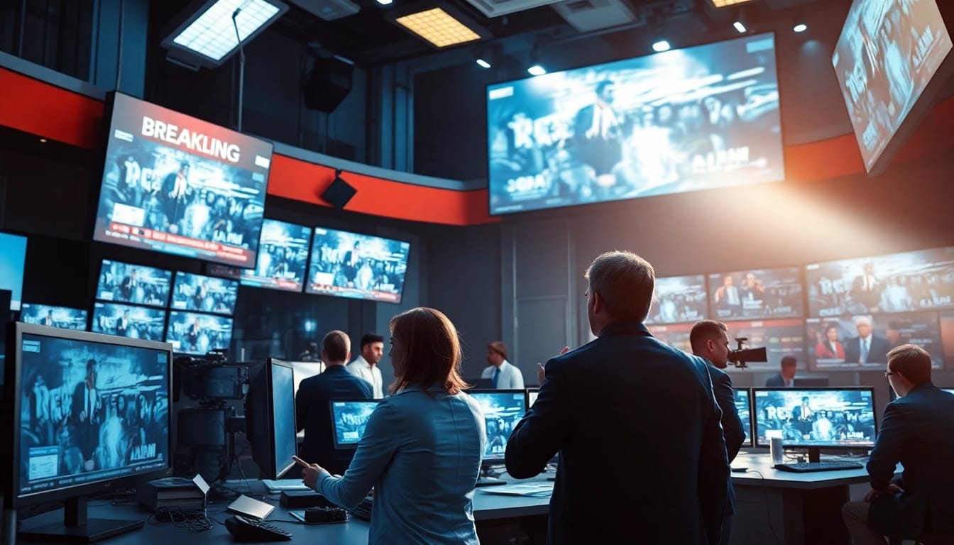 Journalists reporting breaking news in a modern newsroom with dynamic action.