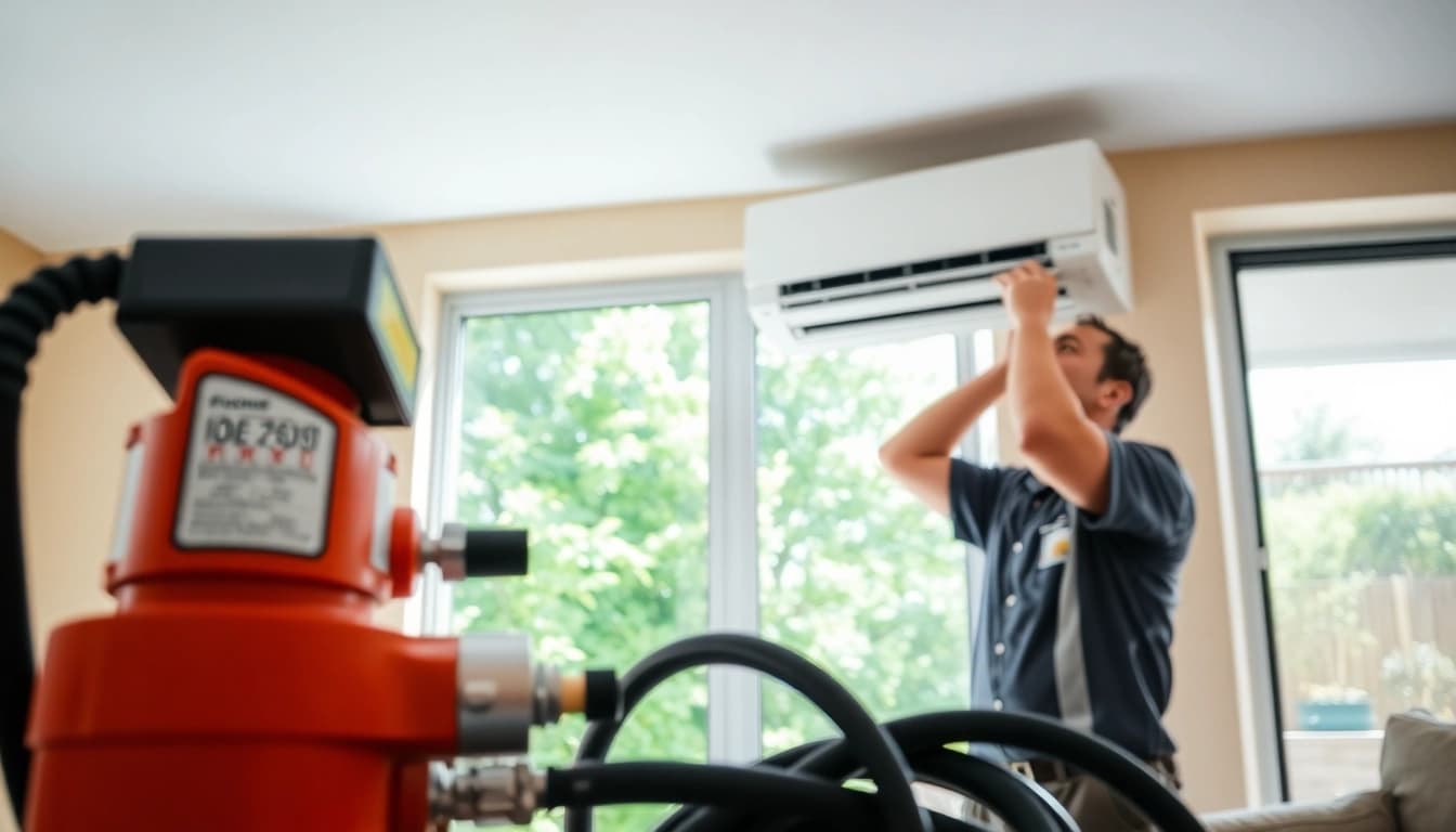 Technician practicing ductless mini-split installation in a modern home setting with bright sunlight.