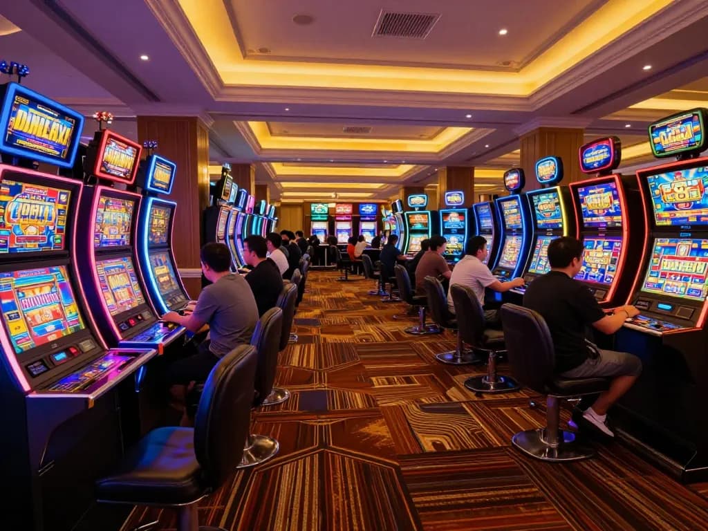 Kubet players engaging with exciting slot machines on a vibrant casino floor