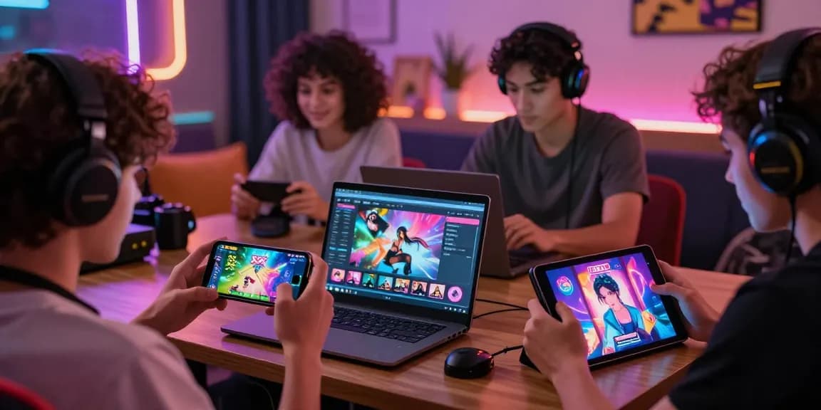 Players enjoying xxx games on various devices in a lively gaming environment.