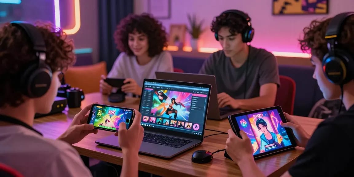 Players enjoying xxx games on various devices in a lively gaming environment.