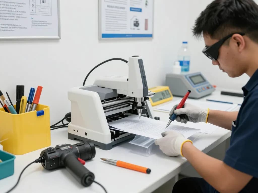 Bóc ép plastic hà nội - Professional technician using advanced machinery to carefully remove plastic from important documents in a bright, organized workshop.