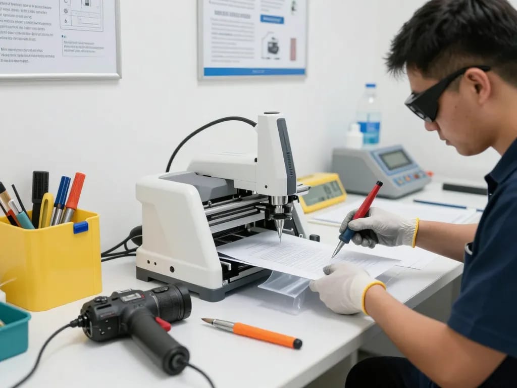 Bóc ép plastic hà nội - Professional technician using advanced machinery to carefully remove plastic from important documents in a bright, organized workshop.