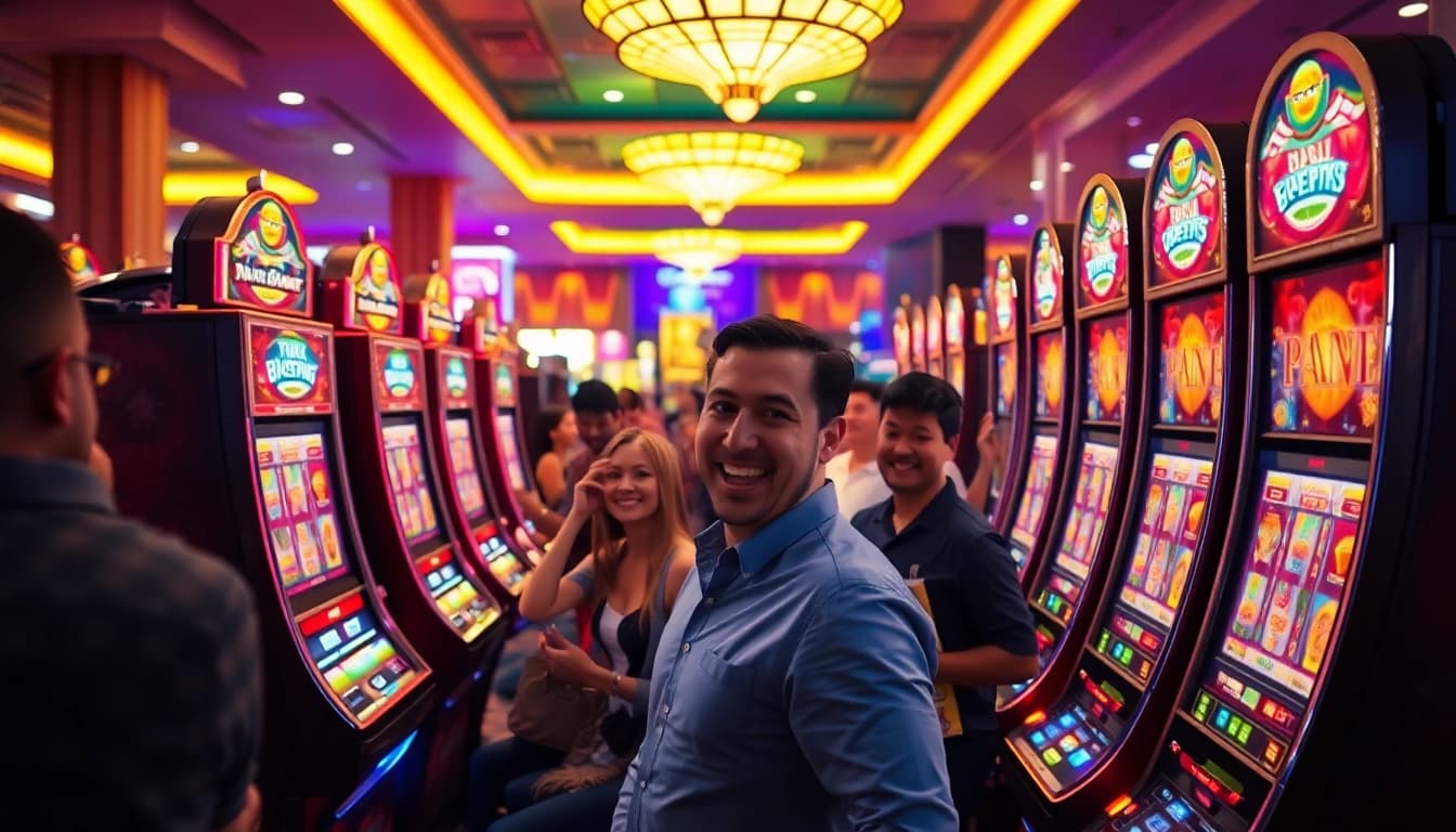 Menikmati keseruan slot deposit pulsa di kasino dengan mesin slot modern dan pemain bersemangat.