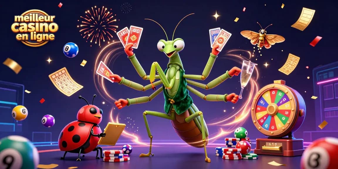 Le meilleur casino en ligne : une mante religieuse à plusieurs bras distribuant des cartes, sous un ciel de confettis.