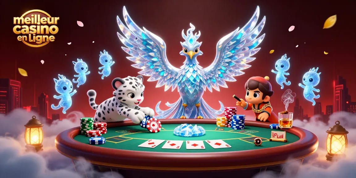 Jouer au meilleur casino en ligne avec une illustration dynamique de poker et un phoenix de glace.
