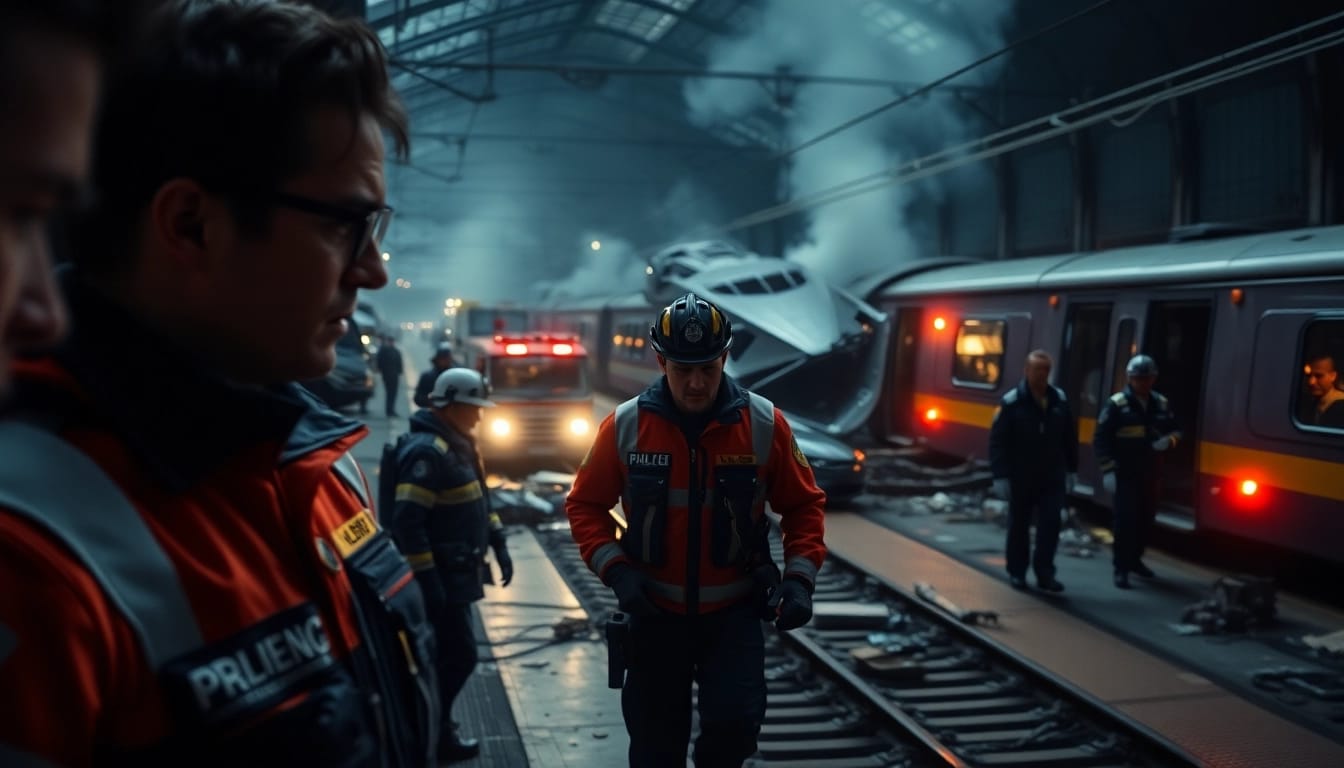 Responders assisting victims of the spain train crash with visible chaos and urgency surrounding them.
