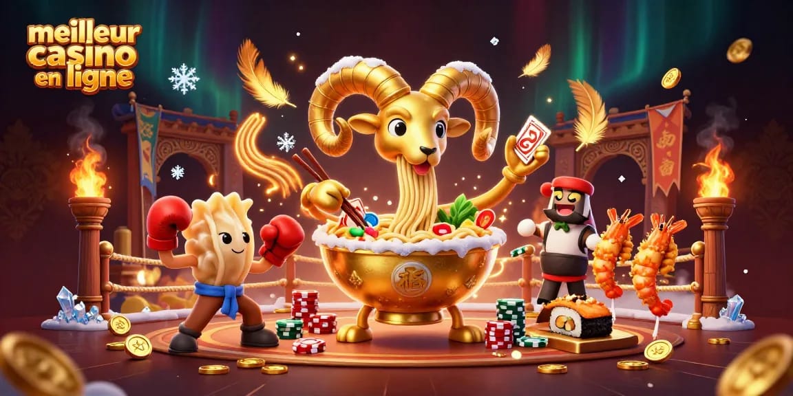 Découvrez le meilleur casino en ligne avec un ramen géant et ses amis dans une scène de jeu dynamique.