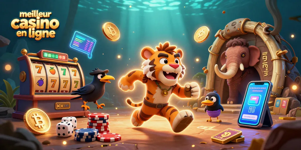 Jouer au meilleur casino en ligne avec le duo de cavemen et leur tigre à dents de sabre, entouré de jetons de poker et de crypto.