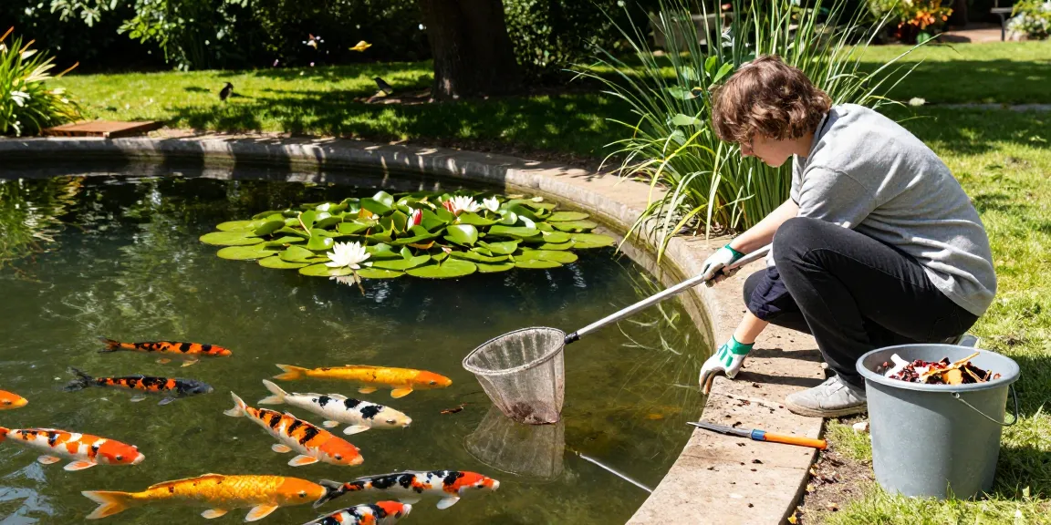 Pond Clean Essex - Person cleaning a serene backyard pond surrounded by greenery in a sunny setting.