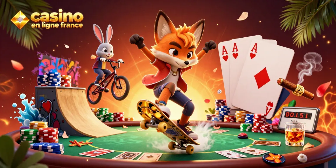 Le casino en ligne France propose une scène énergique avec un renard et un lapin, entourés de jetons de poker.