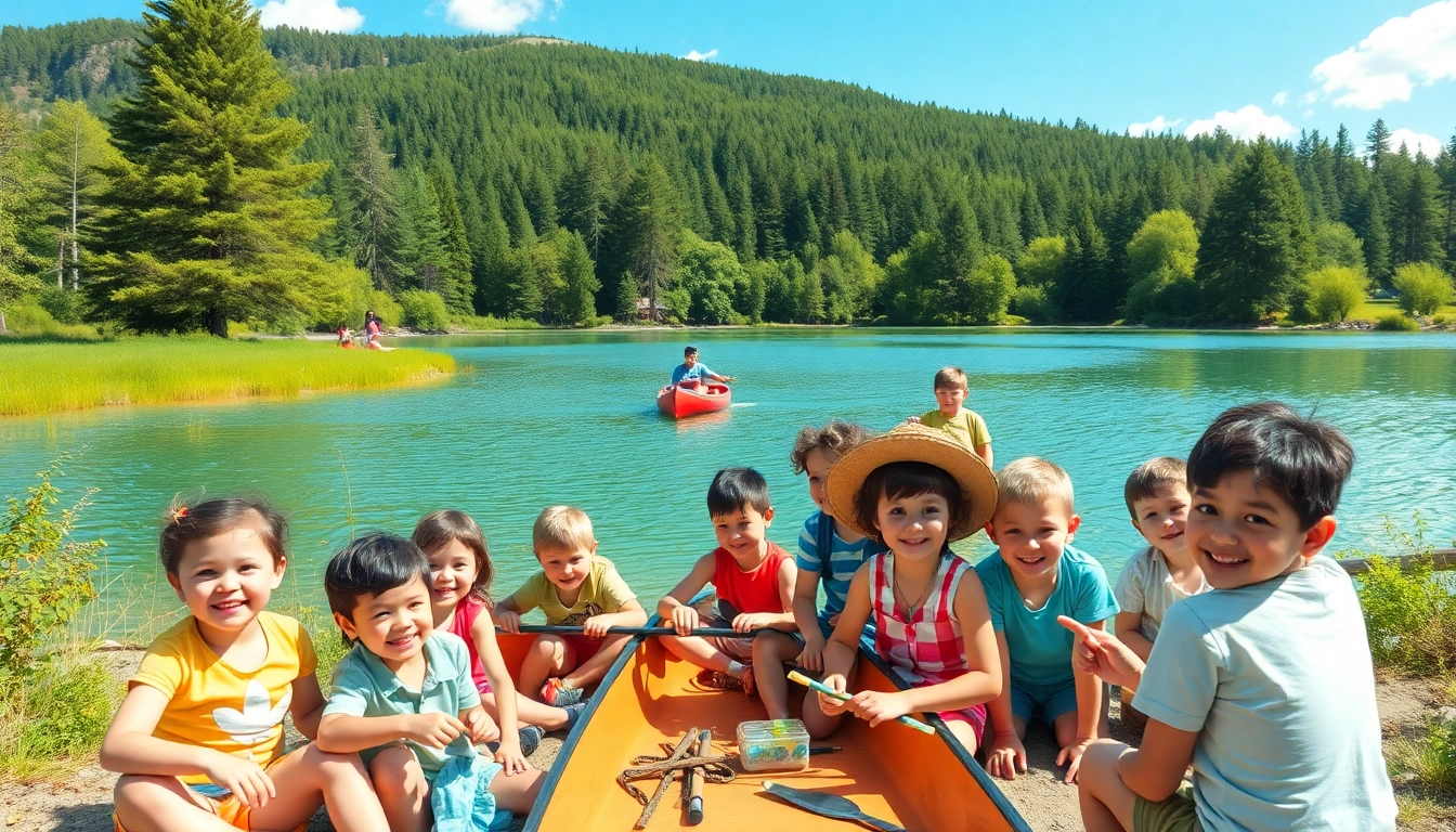 Children enjoying activities at holiday camps, playing together by a lake.