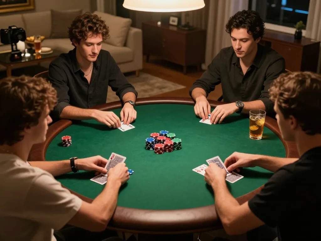 Players strategically managing chips during an intimate poker game at home, showcasing g28-t1 excitement and social interaction.