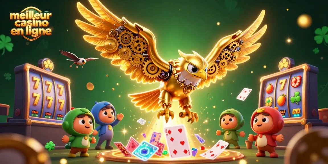 Vivez l'action au meilleur casino en ligne avec un aigle cybernétique survolant des machines à sous lustres.