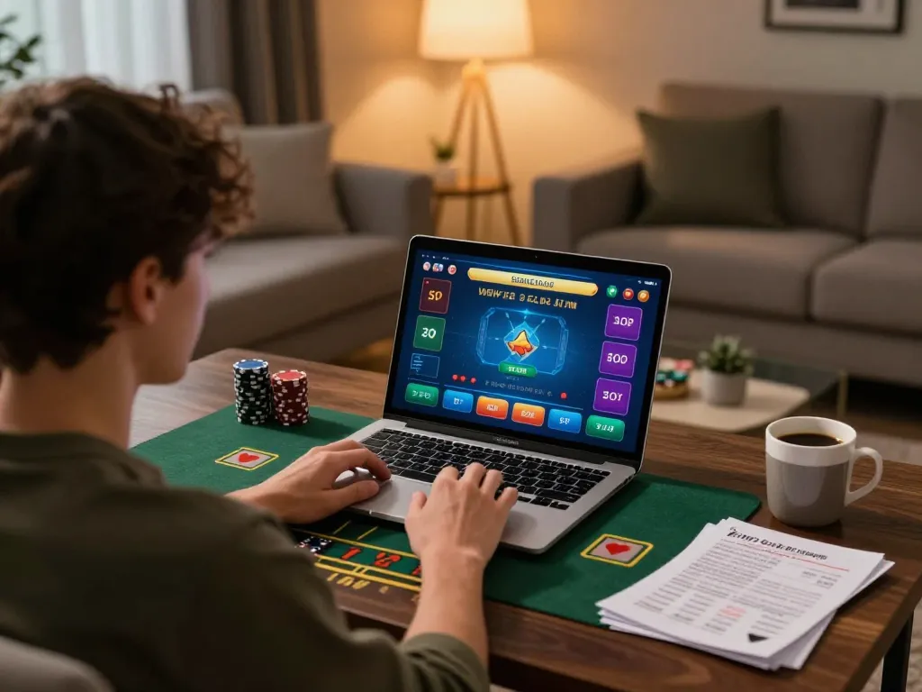 A person enjoying online gaming at home with cm88 com displayed on laptop screen, reflecting a strategic approach to gambling