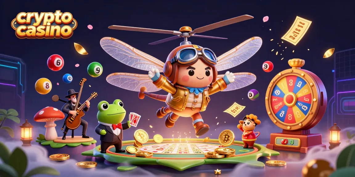 Illustration créative de casino crypto, avec des pièces de Bitcoin et Ethereum, un croupier grenouille, et une ambiance pétillante.