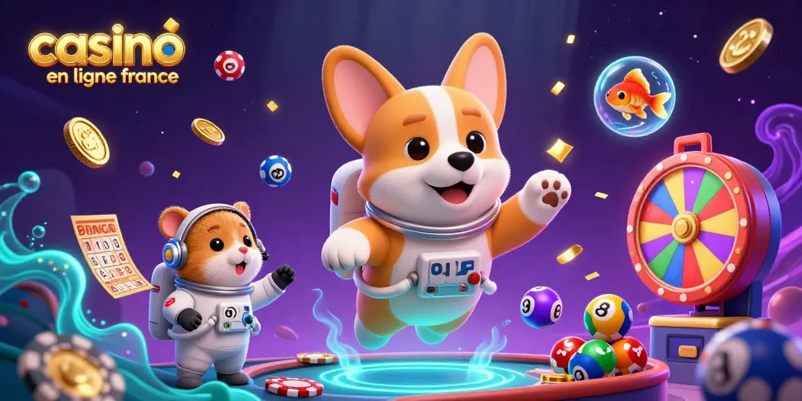 Le corgi astronaute dans un casino en ligne France, entouré de bulles et de boules de loterie.