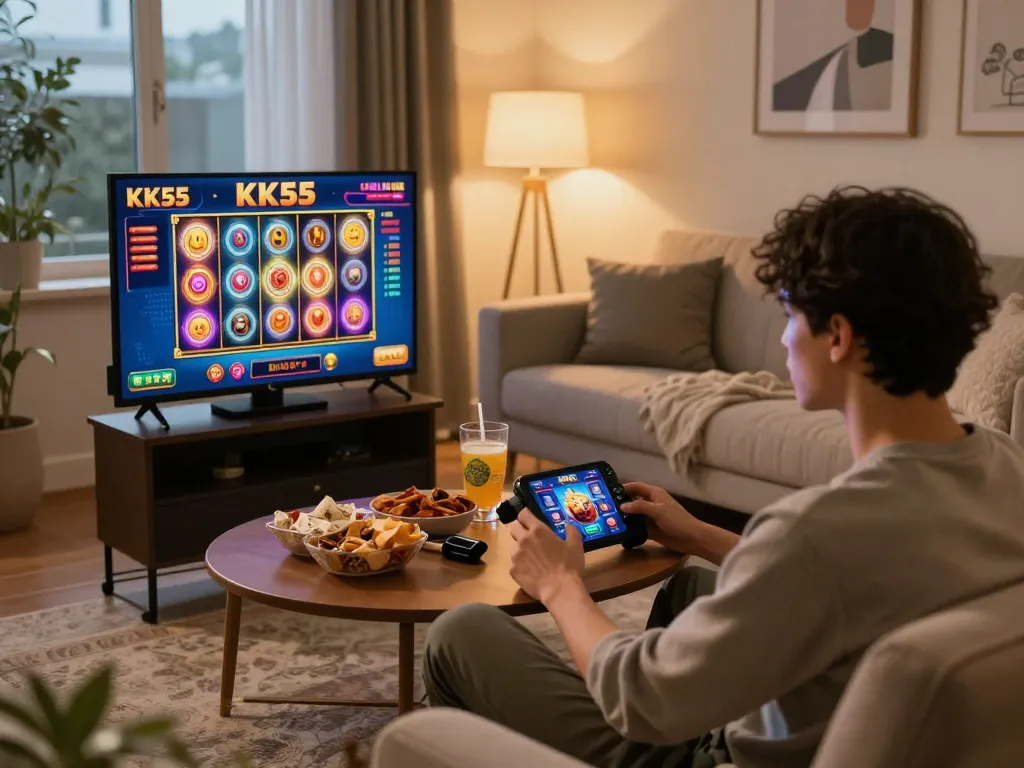 Engaging with KK55's online slot games on a smartphone, showcasing a cozy home gaming setup.