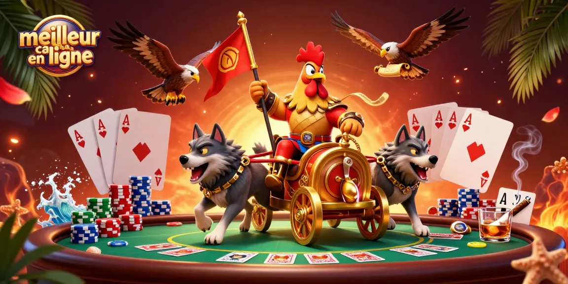 Illustration dynamique de meilleur casino en ligne avec un coq guerrier sur un chariot doré et des éléments de poker