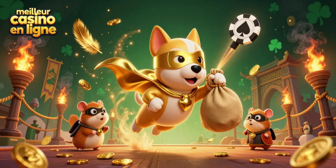 Découvrez le meilleur casino en ligne avec une illustration dynamique d'un chien super-héros et ses amis.