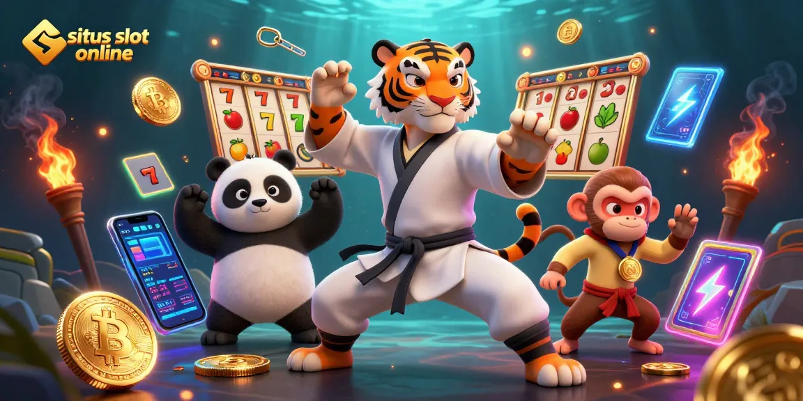 Engage with situs slot online through a vibrant scene filled with slots, lucky symbols, and crypto elements.