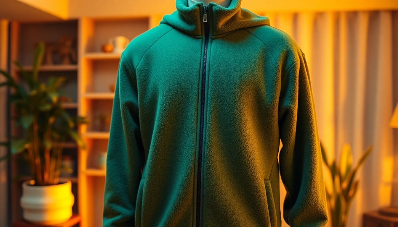 Bekijk fleece jacket in comfortabele omgeving met warme verlichting.