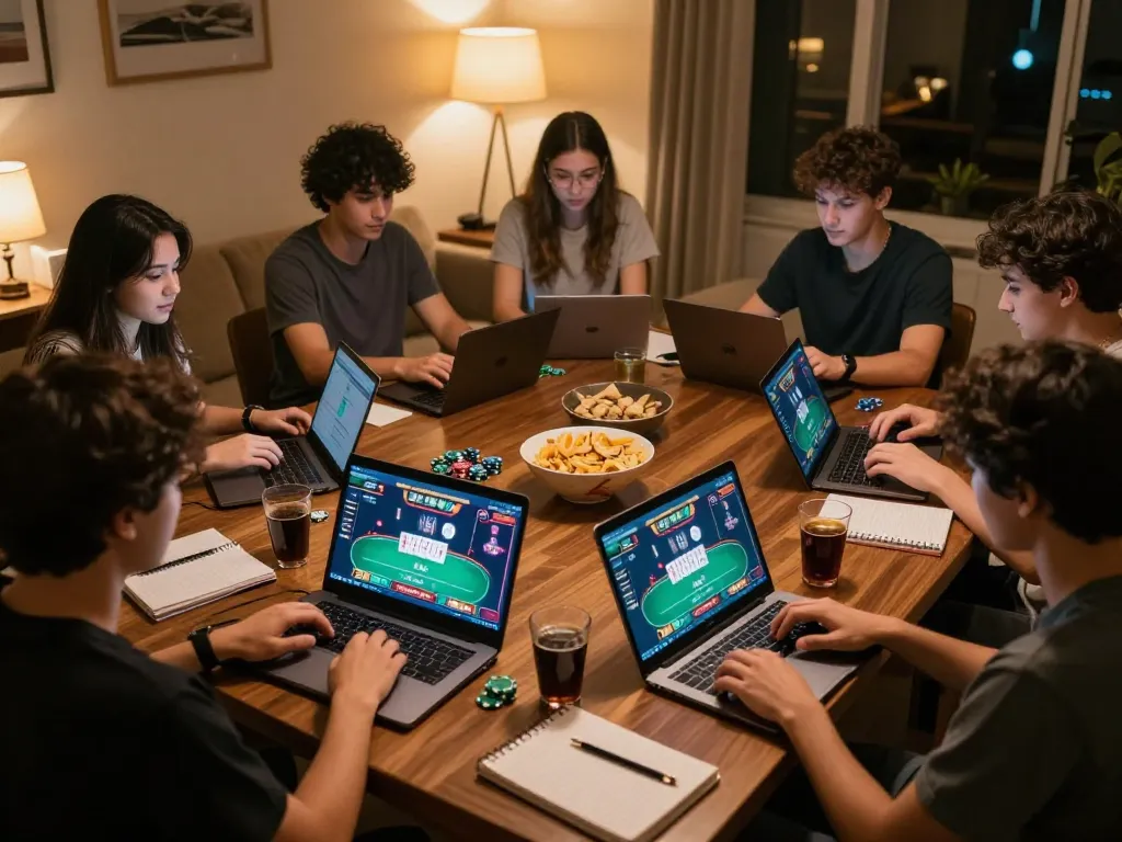 Friends playing poker at home using laptops, showcasing casual online gambling with เว็บตรง setup.