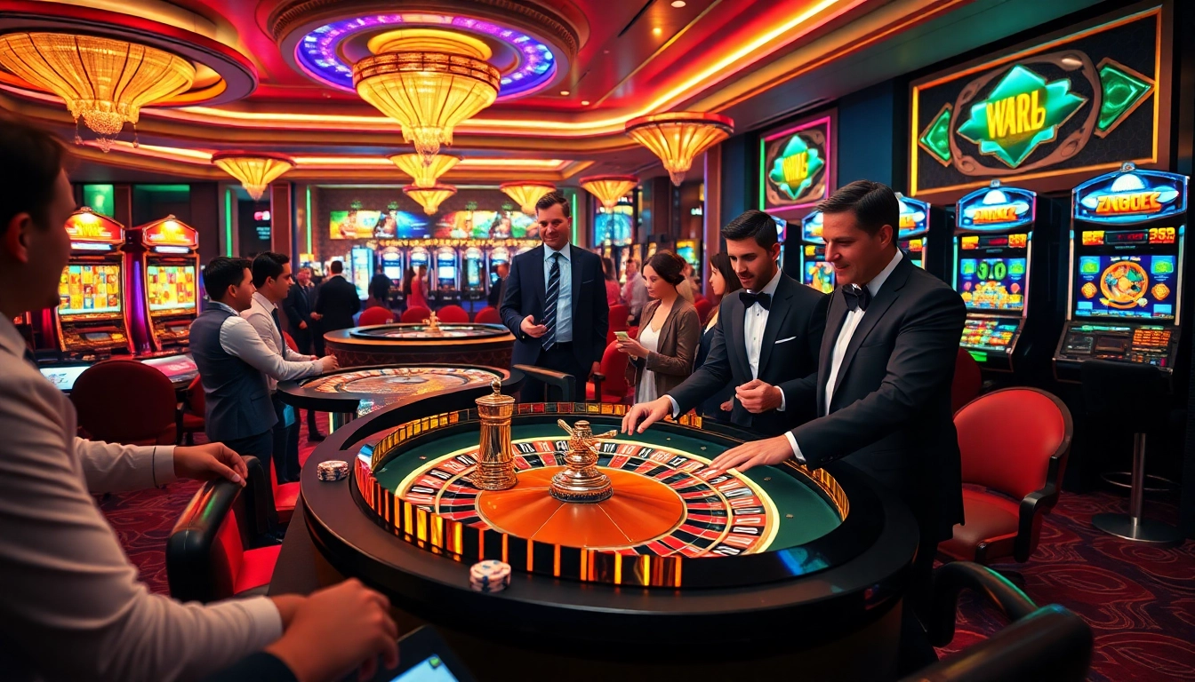 Zonafilm depicting a luxurious casino scene with players enjoying roulette and vibrant slot machines.